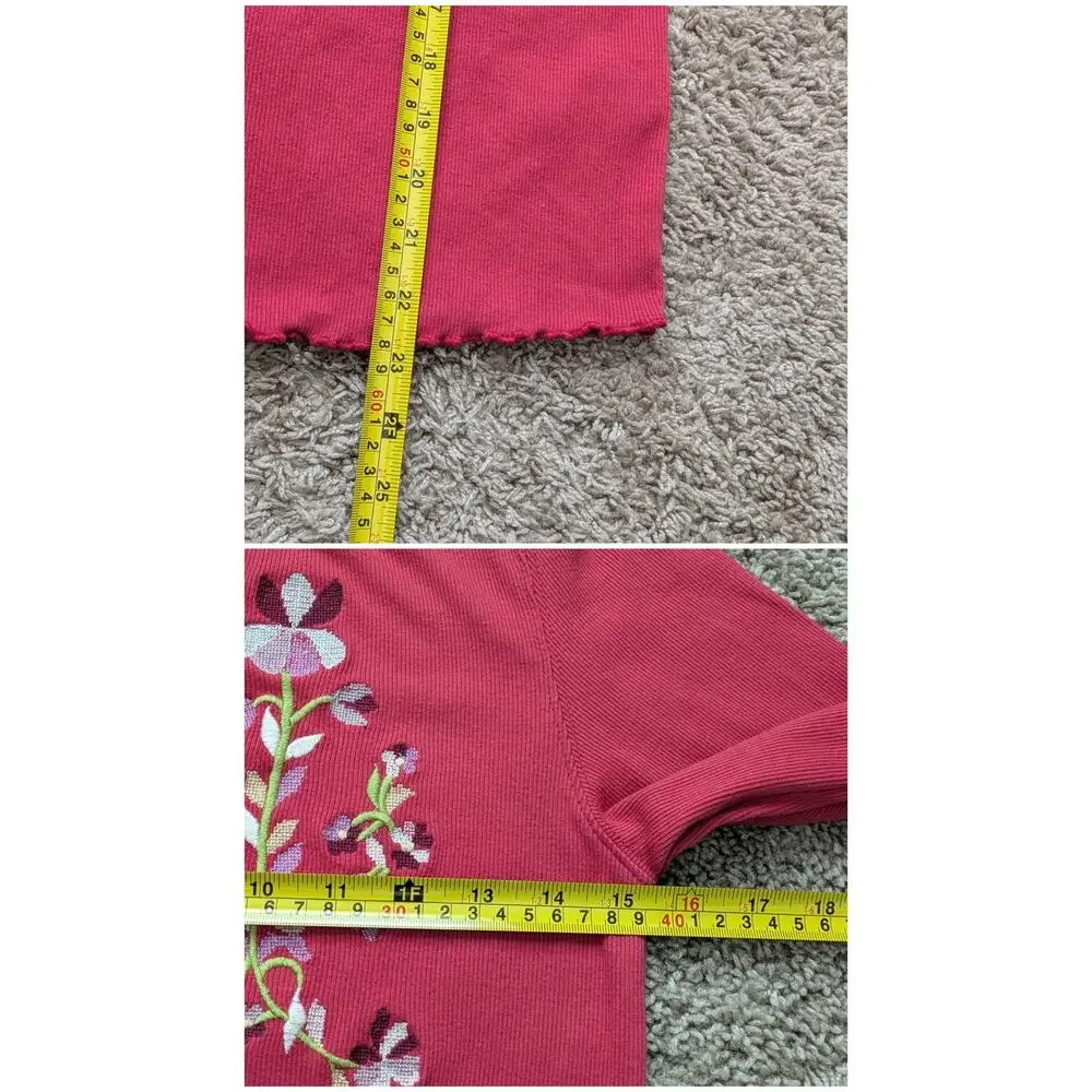 Free People Fleur Embroidered Cuff Henley Top Womens M Red-Pink Floral Boho